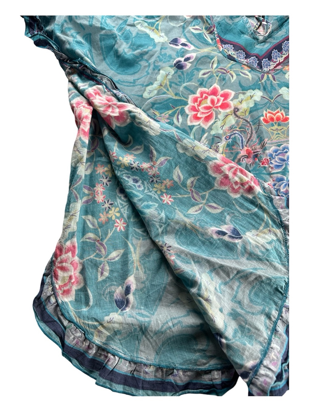 Johnny Was Teal Floral Poncho Blouse L Sheer Boho Oversized Artsy Tunic Top - Picture 9 of 11